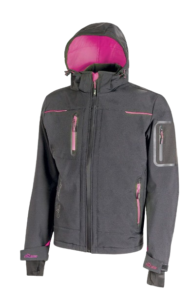 Softshell femme noir/fuschia 320gr 96% polyester 4% spandex capuche amovible