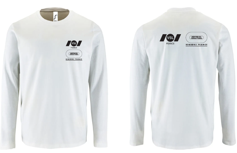 Tee-shirt 190gr 100% coton rond manches longues blanc BY TP REGIONS FRANCE + VSL FRANCE noir coeur + dos 