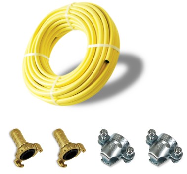 Tuyau d'arrosage jaune Diam.  19 Longueur 25Ml + 2 Colliers à griffe Diam. 26 + 2 Raccords express Diam. 19