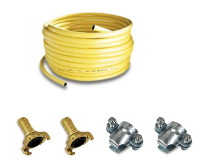 Tuyau d'arrosage jaune Diam.  19 Longueur 50Ml + 2 Colliers à griffe Diam. 26 + 2 Raccords express Diam. 19