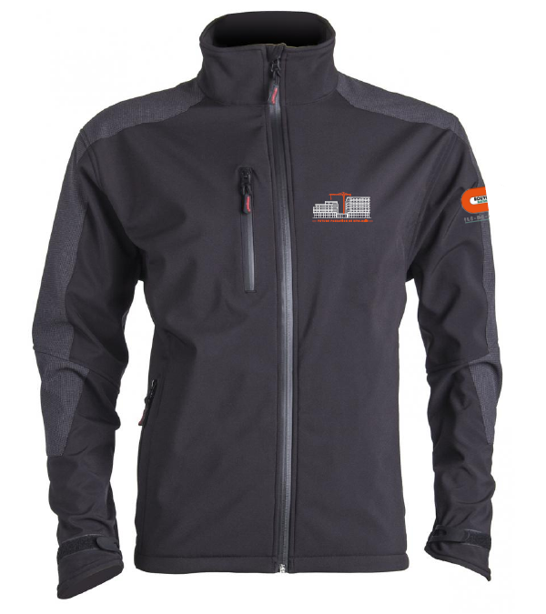 Softshell Yang noir brodé BY BAT ILE DE FRANCE + logo Future Fondation de Myologie blanc avec grue et lettrage en orange manche gauche