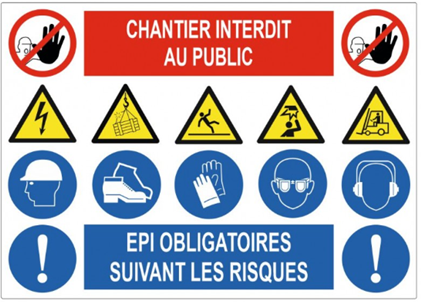 panneau Chantier interdit au public + EPI obligatoires composite ALU 4mm 800x600 mm anti UV 4 trous