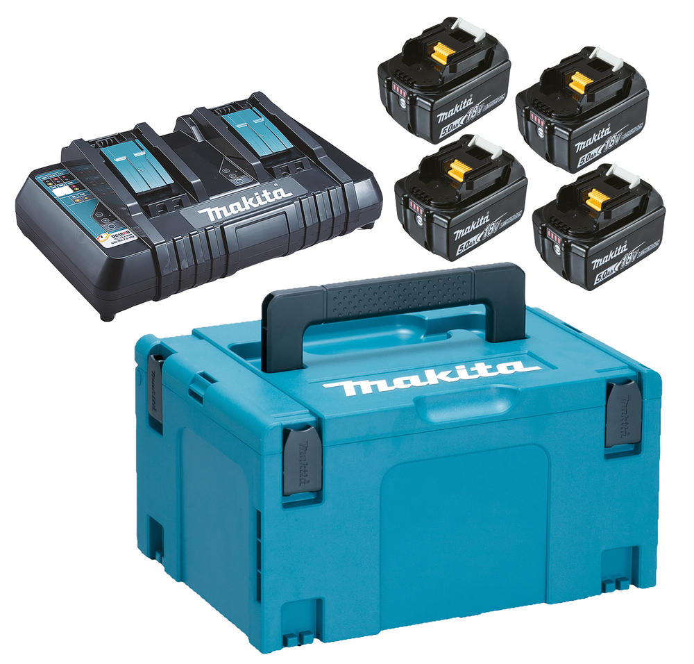 Pack of 4 Makita 18V 5Ah batteries with DC18RD dual charger