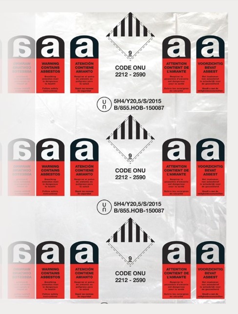 Sacs à déchets PE imprimé amiante, ONU, 80 x 110 cm (unité)