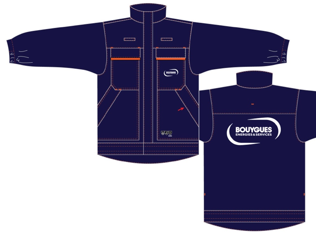 Veste retard feu BYES devant cœur + dos - liseré orange (peut être remplacé par EP128245 ou HS153039)