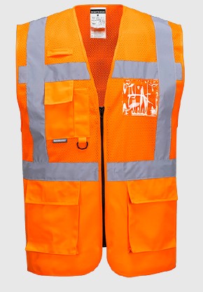 Fluorescent HV multi-pocket mesh vest Madrid logo Wizom Rehabilitation