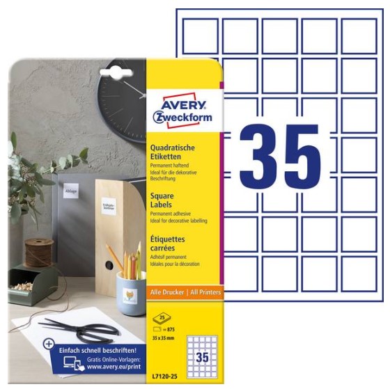 Lot de 25 planches de 35 étiquettes Avery L7120-25 pour kit Obaya