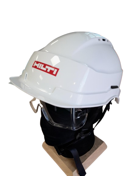 Casque Iris II blanc porte étiquette avec lunettes et jugulaire 4 points - Logoté HILTI